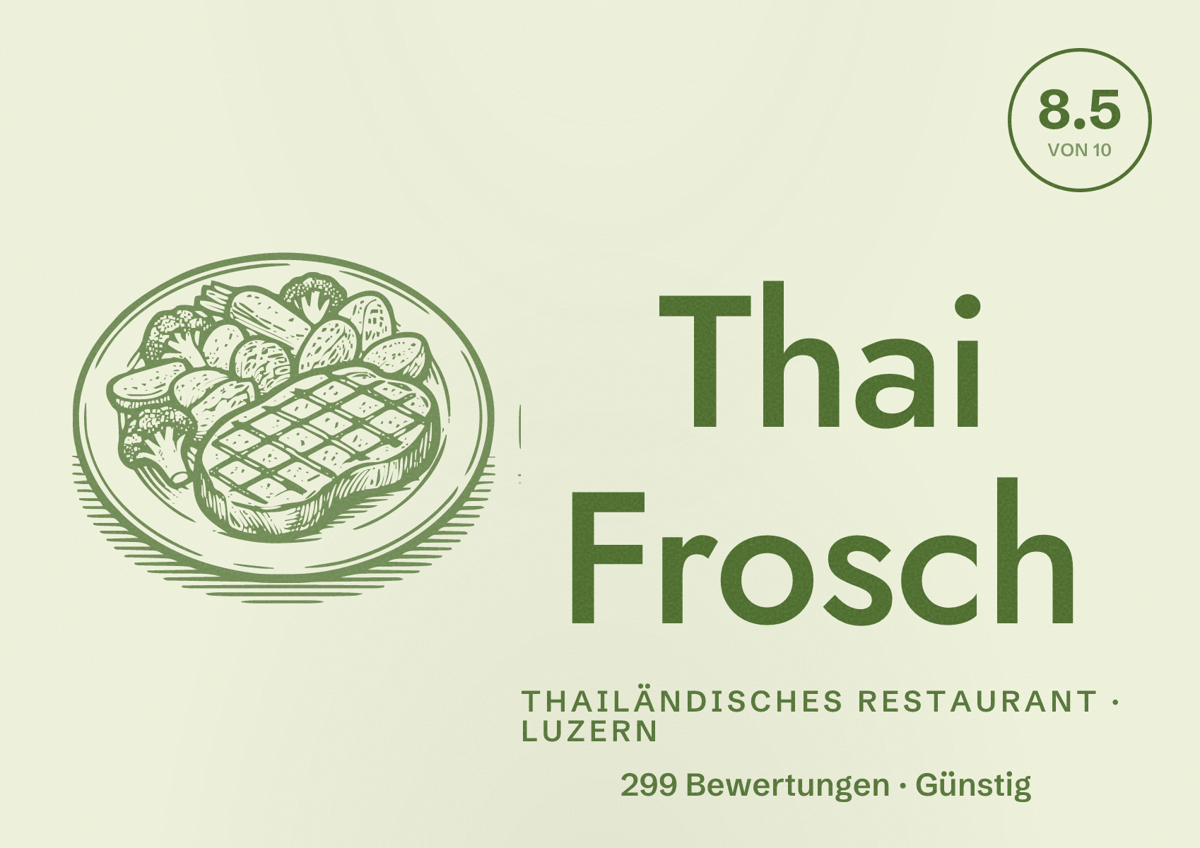 Illustriertes Poster von Thai Frosch, Thailändisches Restaurant in Luzern: Bewertung 8.5 von 10 aus 299 Bewertungen, Preisniveau Günstig