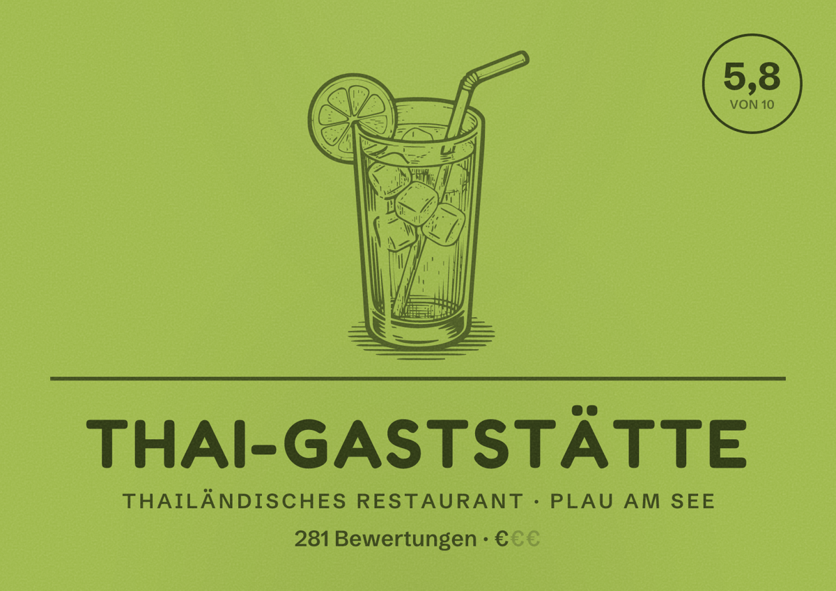 Illustriertes Poster von Thai-Gaststätte, Thailändisches Restaurant in Plau am See: Bewertung 5,8 von 10 aus 281 Bewertungen, Preisniveau €