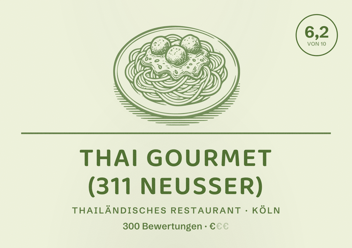 Illustriertes Poster von Thai Gourmet (311 Neusser), Thailändisches Restaurant in Köln: Bewertung 6,2 von 10 aus 300 Bewertungen, Preisniveau €