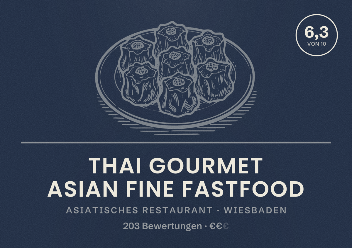 Illustriertes Poster von Thai Gourmet Asian fine Fastfood, Asiatisches Restaurant in Wiesbaden: Bewertung 6,3 von 10 aus 203 Bewertungen, Preisniveau €€