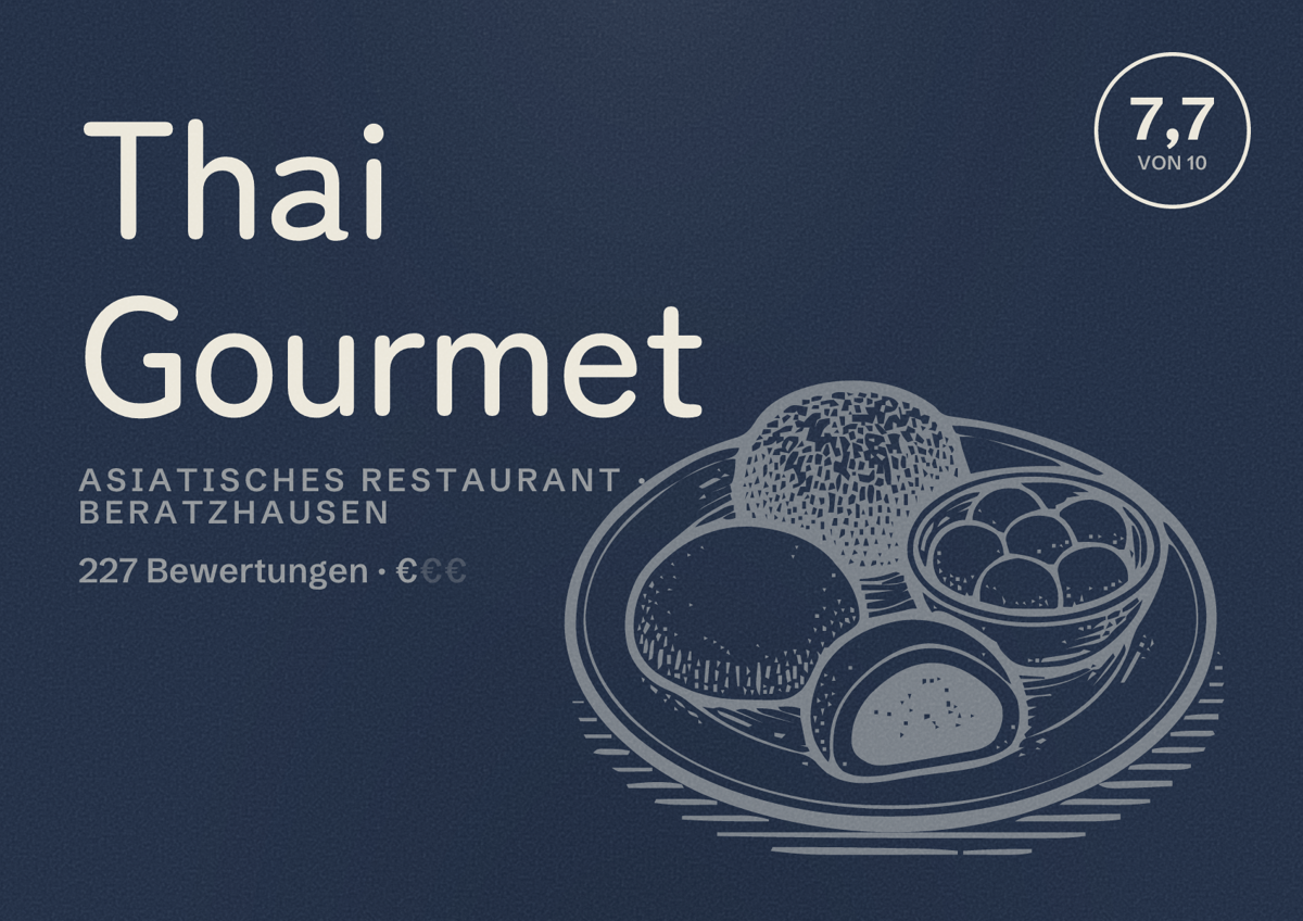 Illustriertes Poster von Thai Gourmet, Asiatisches Restaurant in Beratzhausen: Bewertung 7,7 von 10 aus 227 Bewertungen, Preisniveau €