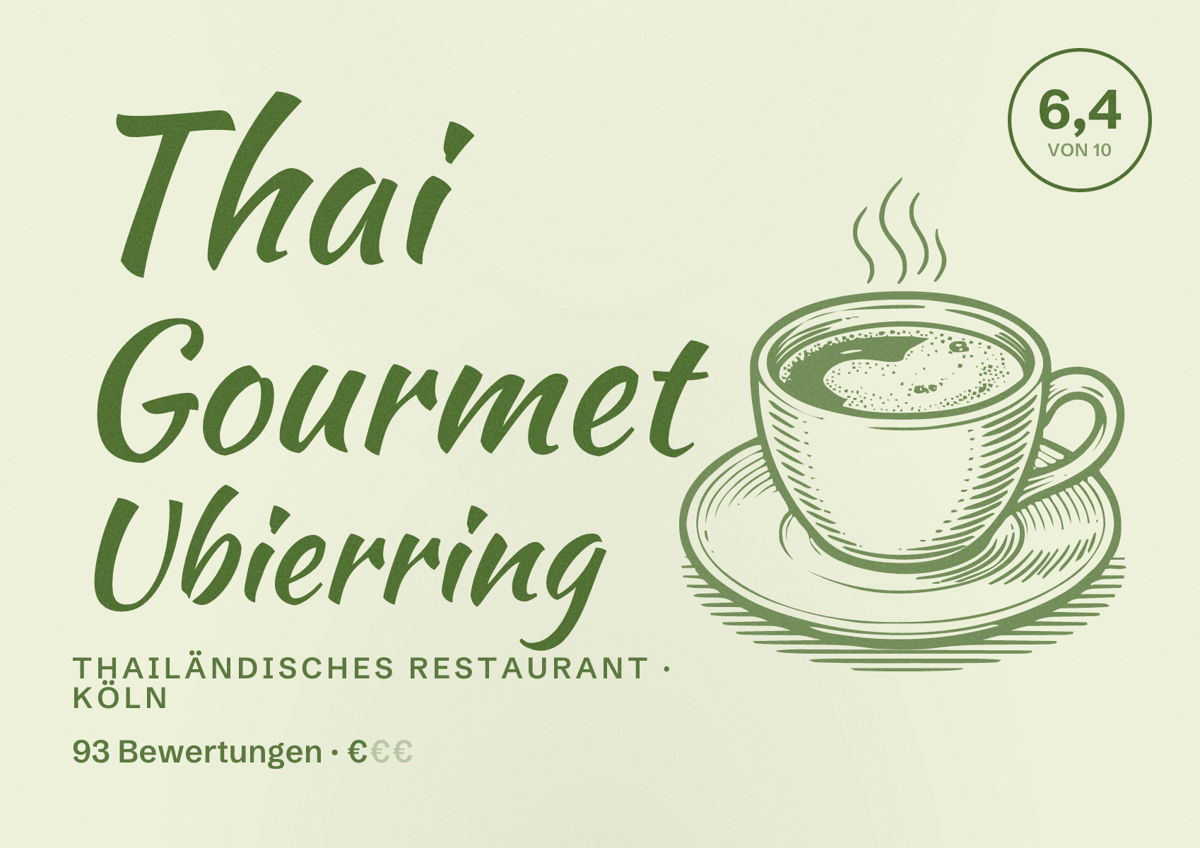 Illustriertes Poster von Thai Gourmet Ubierring, Thailändisches Restaurant in Köln: Bewertung 6,4 von 10 aus 93 Bewertungen, Preisniveau €