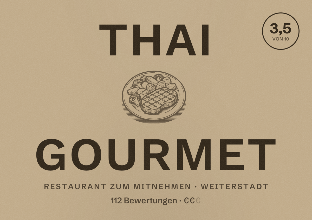 Illustriertes Poster von Thai Gourmet, Restaurant zum Mitnehmen in Weiterstadt: Bewertung 3,5 von 10 aus 112 Bewertungen, Preisniveau €€