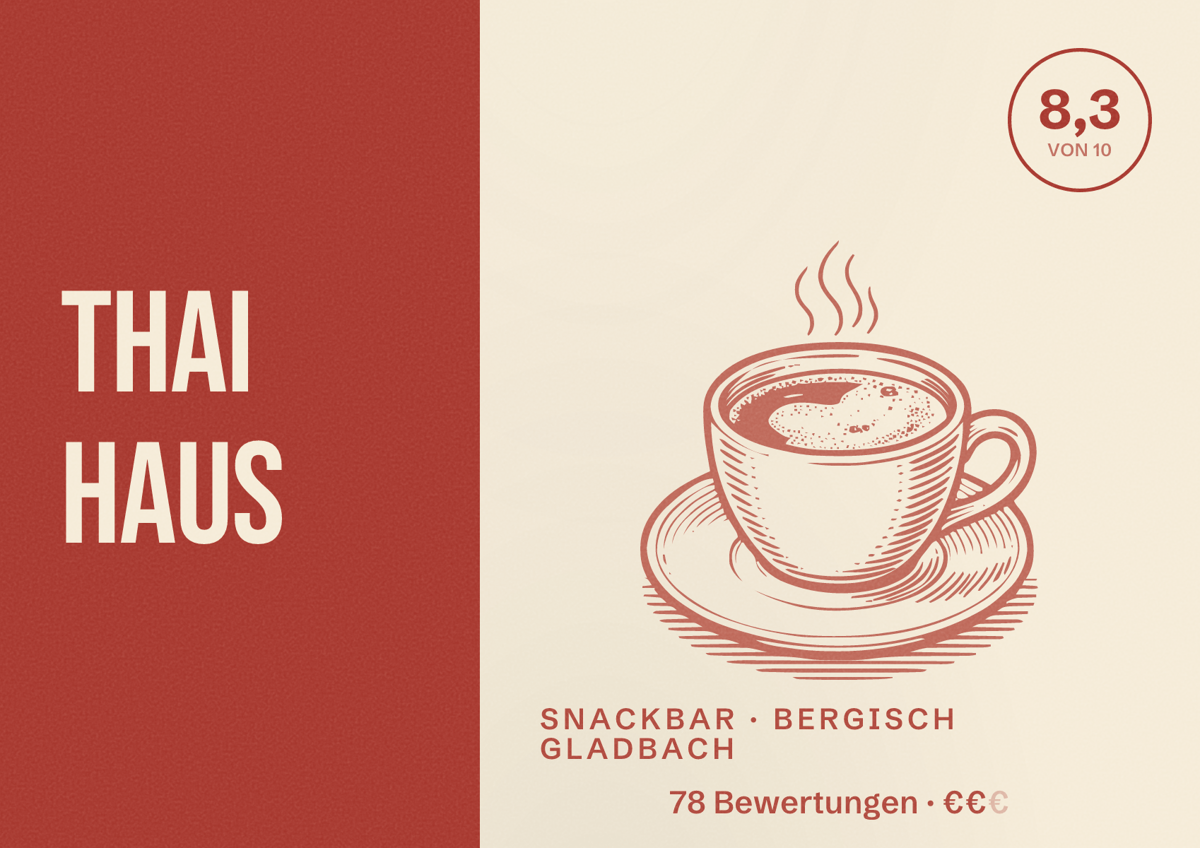 Illustriertes Poster von Thai Haus, Snackbar in Bergisch Gladbach: Bewertung 8,3 von 10 aus 78 Bewertungen, Preisniveau €€