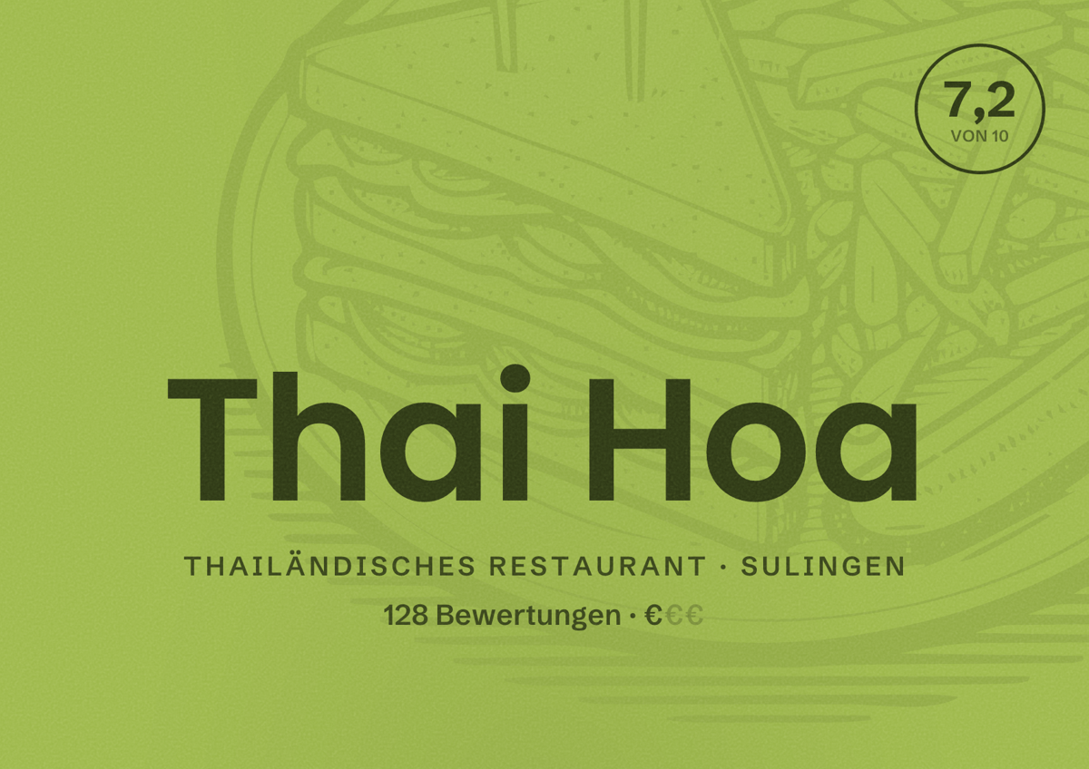 Illustriertes Poster von Thai Hoa, Thailändisches Restaurant in Sulingen: Bewertung 7,2 von 10 aus 128 Bewertungen, Preisniveau €