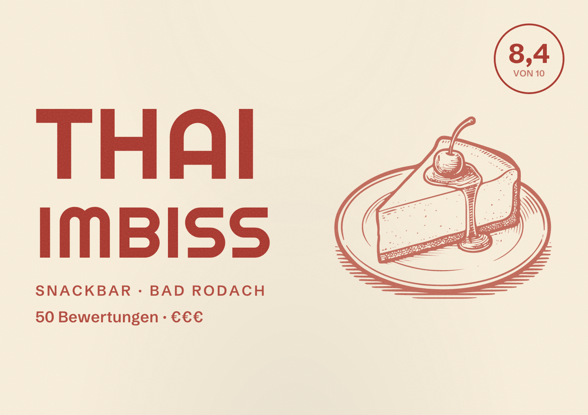 Illustriertes Poster von Thai Imbiss, Snackbar in Bad Rodach: Bewertung 8,4 von 10 aus 50 Bewertungen, Preisniveau €€€