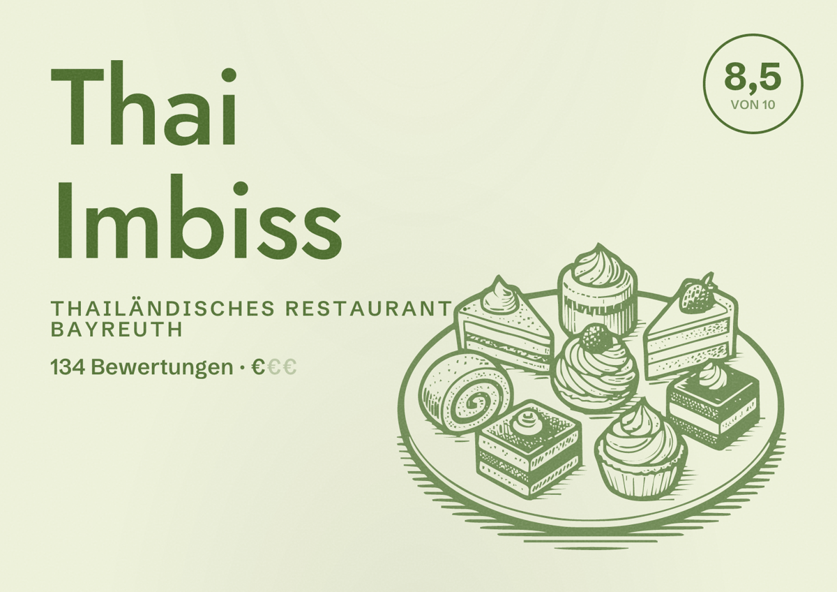 Illustriertes Poster von Thai Imbiss, Thailändisches Restaurant in Bayreuth: Bewertung 8,5 von 10 aus 134 Bewertungen, Preisniveau €