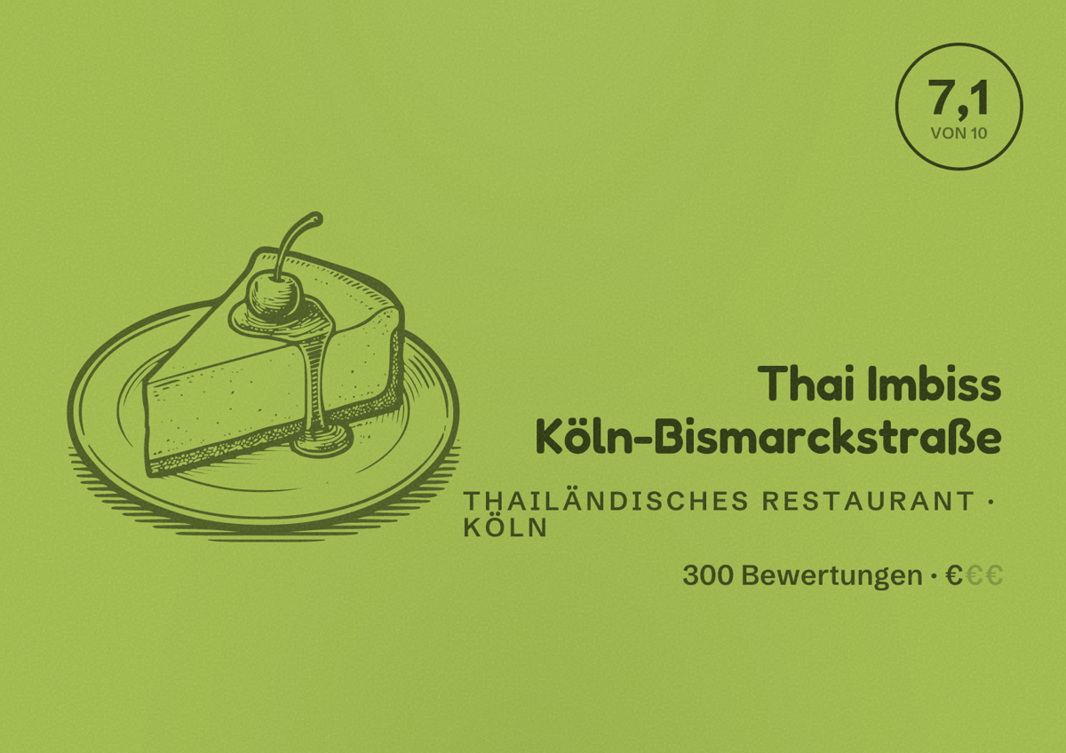 Illustriertes Poster von Thai Imbiss Köln-Bismarckstraße, Thailändisches Restaurant in Köln: Bewertung 7,1 von 10 aus 300 Bewertungen, Preisniveau €