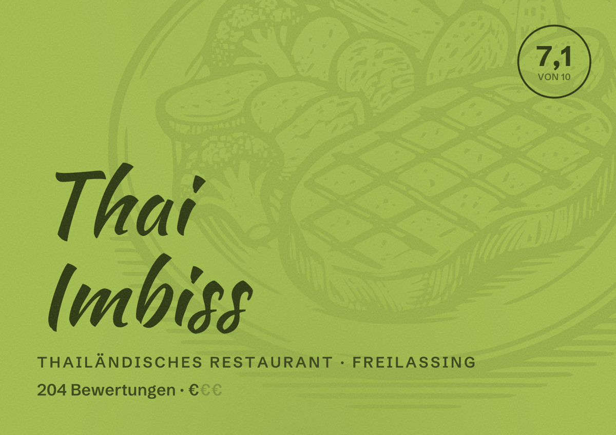 Illustriertes Poster von Thai Imbiss, Thailändisches Restaurant in Freilassing: Bewertung 7,1 von 10 aus 204 Bewertungen, Preisniveau €