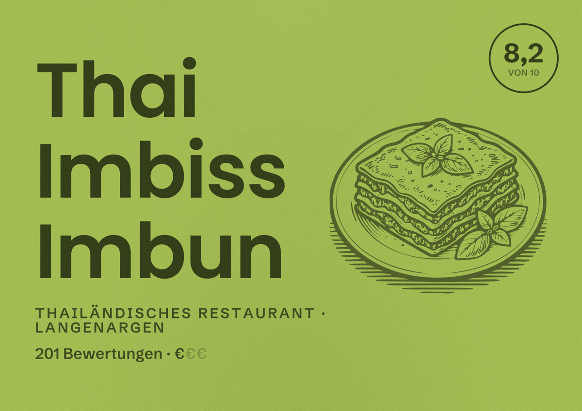 Illustriertes Poster von Thai Imbiss Imbun, Thailändisches Restaurant in Langenargen: Bewertung 8,2 von 10 aus 201 Bewertungen, Preisniveau €