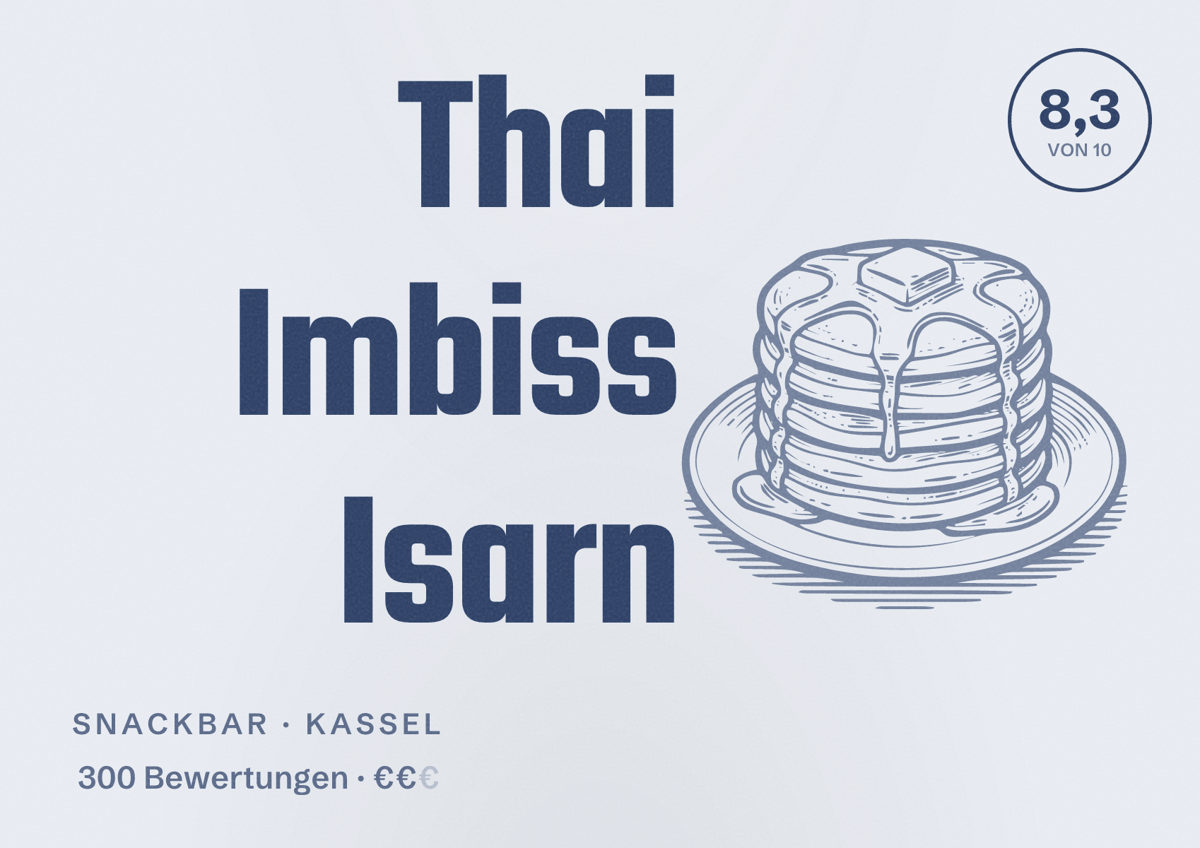 Illustriertes Poster von Thai Imbiss Isarn, Snackbar in Kassel: Bewertung 8,3 von 10 aus 300 Bewertungen, Preisniveau €€