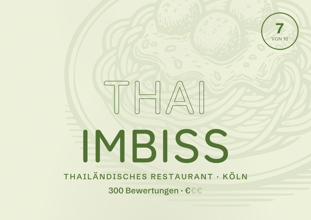 Illustriertes Poster von Thai Imbiss, Thailändisches Restaurant in Köln: Bewertung 7,0 von 10 aus 300 Bewertungen, Preisniveau €