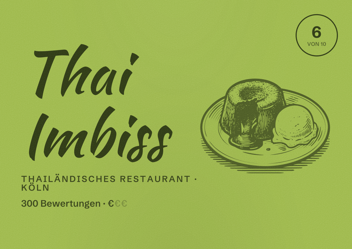 Illustriertes Poster von Thai Imbiss, Thailändisches Restaurant in Köln: Bewertung 6,0 von 10 aus 300 Bewertungen, Preisniveau €