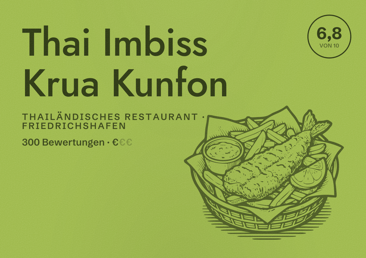 Illustriertes Poster von Thai Imbiss Krua Kunfon, Thailändisches Restaurant in Friedrichshafen: Bewertung 6,8 von 10 aus 300 Bewertungen, Preisniveau €