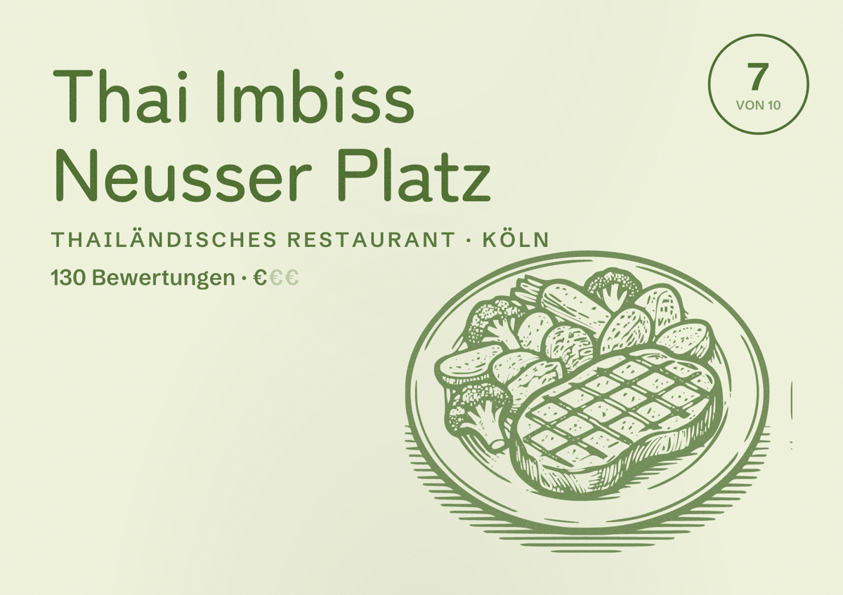 Illustriertes Poster von Thai Imbiss Neusser Platz, Thailändisches Restaurant in Köln: Bewertung 7,0 von 10 aus 130 Bewertungen, Preisniveau €