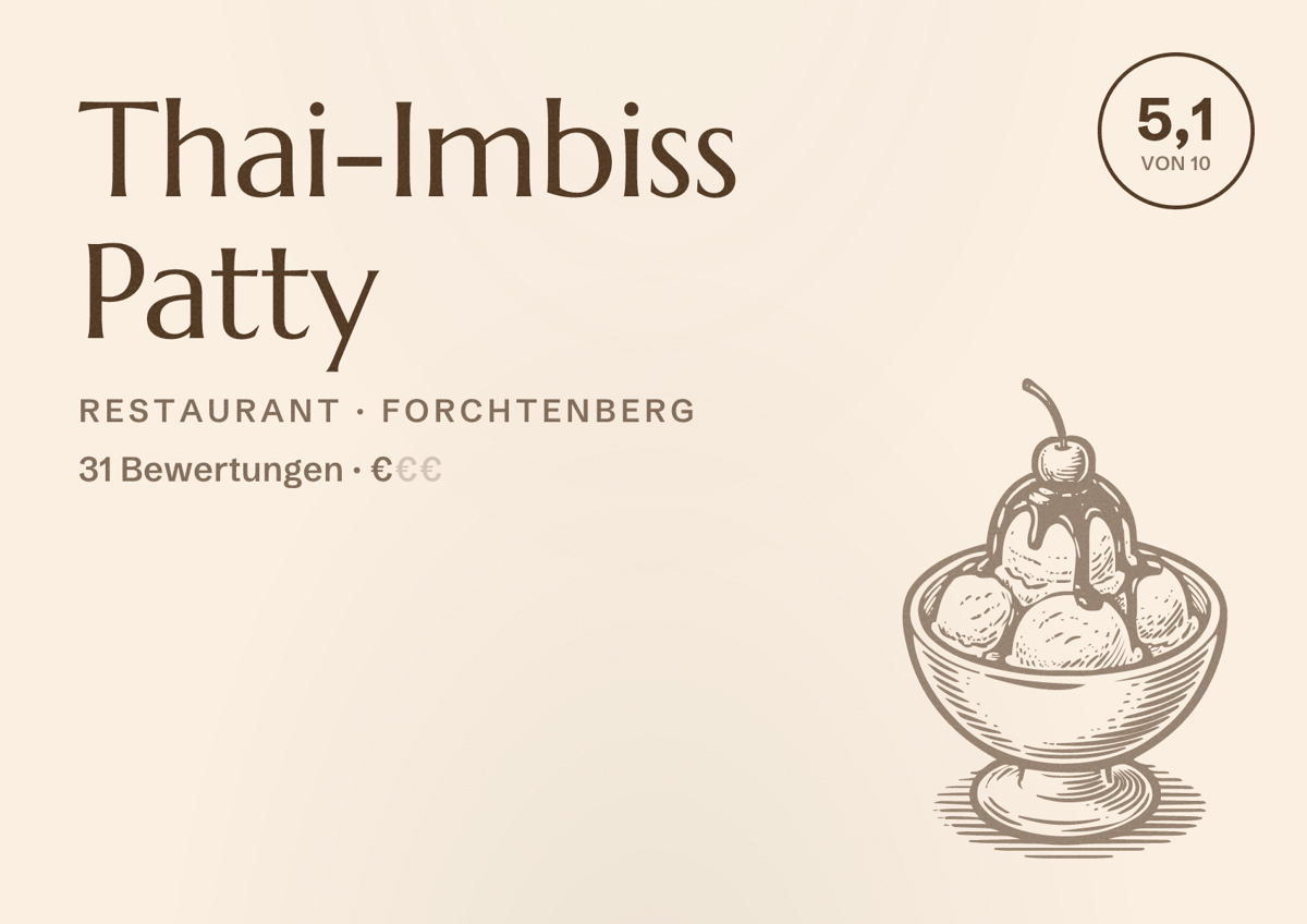 Illustriertes Poster von Thai-Imbiss Patty, Restaurant in Forchtenberg: Bewertung 5,1 von 10 aus 31 Bewertungen, Preisniveau €