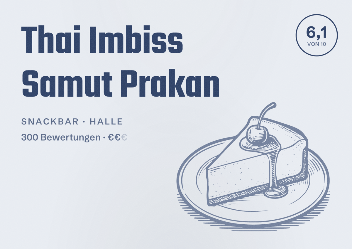 Illustriertes Poster von Thai Imbiss Samut Prakan, Snackbar in Halle: Bewertung 6,1 von 10 aus 300 Bewertungen, Preisniveau €€