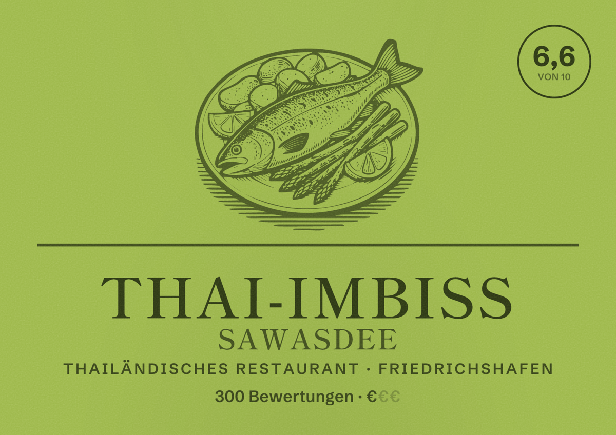 Illustriertes Poster von Thai-Imbiss Sawasdee, Thailändisches Restaurant in Friedrichshafen: Bewertung 6,6 von 10 aus 300 Bewertungen, Preisniveau €