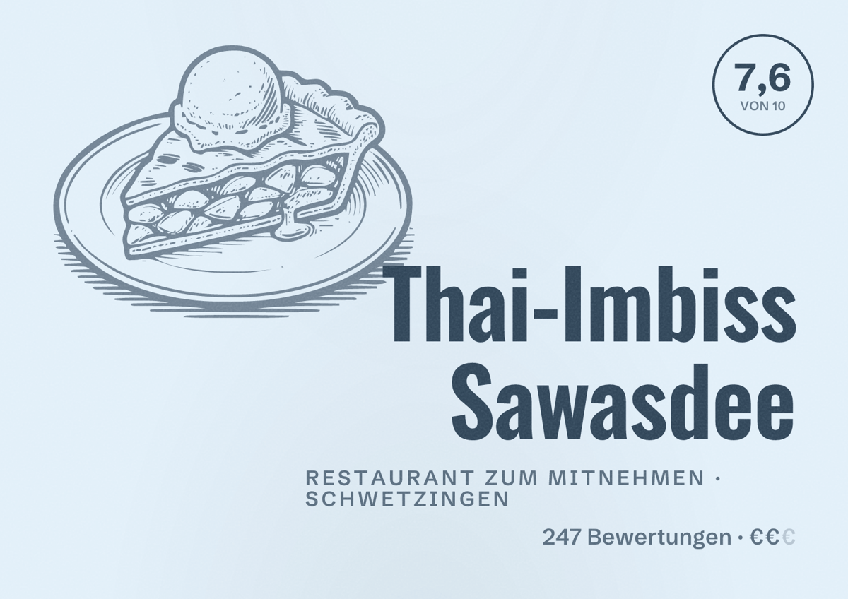 Illustriertes Poster von Thai-Imbiss Sawasdee, Restaurant zum Mitnehmen in Schwetzingen: Bewertung 7,6 von 10 aus 247 Bewertungen, Preisniveau €€