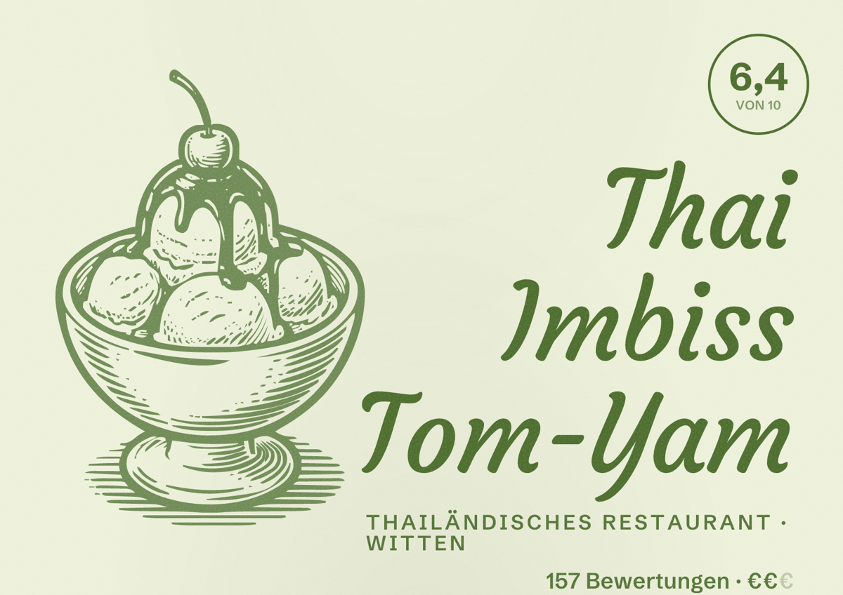 Illustriertes Poster von Thai Imbiss Tom-Yam, Thailändisches Restaurant in Witten: Bewertung 6,4 von 10 aus 157 Bewertungen, Preisniveau €€