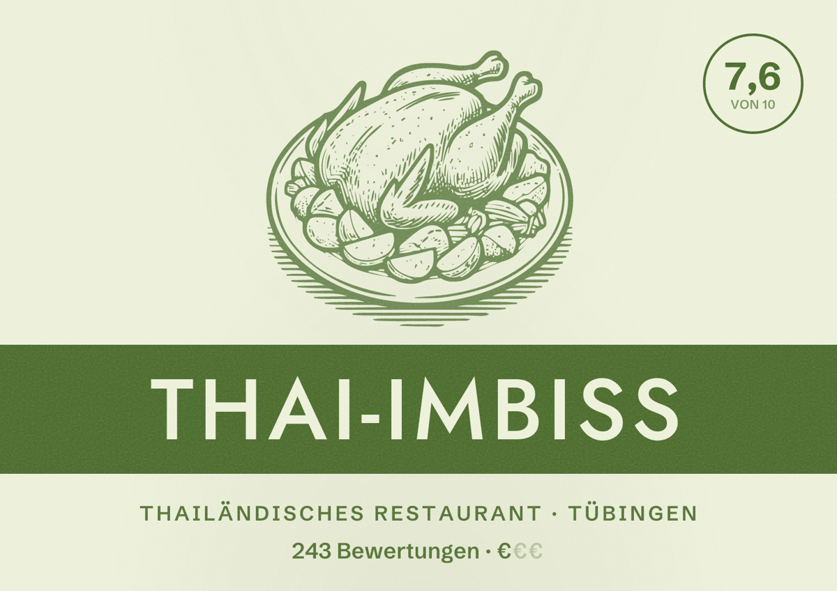 Illustriertes Poster von Thai-Imbiss, Thailändisches Restaurant in Tübingen: Bewertung 7,6 von 10 aus 243 Bewertungen, Preisniveau €