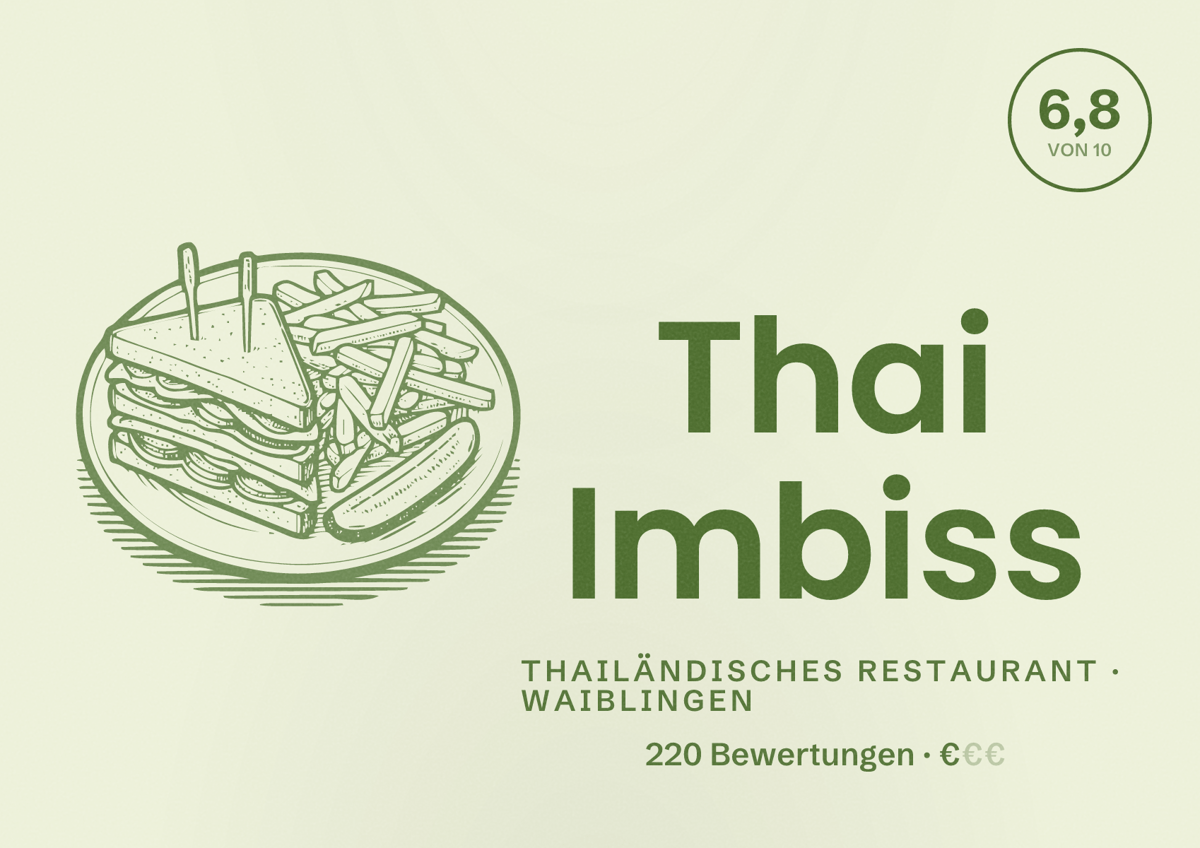 Illustriertes Poster von Thai Imbiss, Thailändisches Restaurant in Waiblingen: Bewertung 6,8 von 10 aus 220 Bewertungen, Preisniveau €