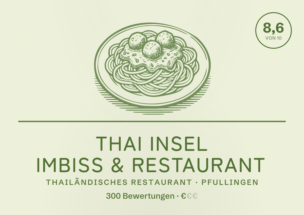 Illustriertes Poster von Thai Insel Imbiss & Restaurant, Thailändisches Restaurant in Pfullingen: Bewertung 8,6 von 10 aus 300 Bewertungen, Preisniveau €