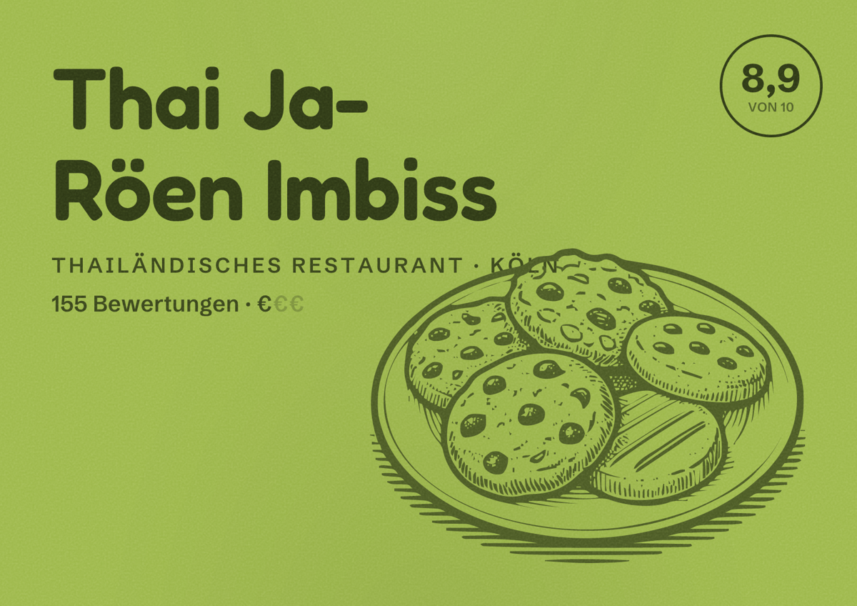 Illustriertes Poster von Thai Ja- Röen Imbiss, Thailändisches Restaurant in Köln: Bewertung 8,9 von 10 aus 155 Bewertungen, Preisniveau €
