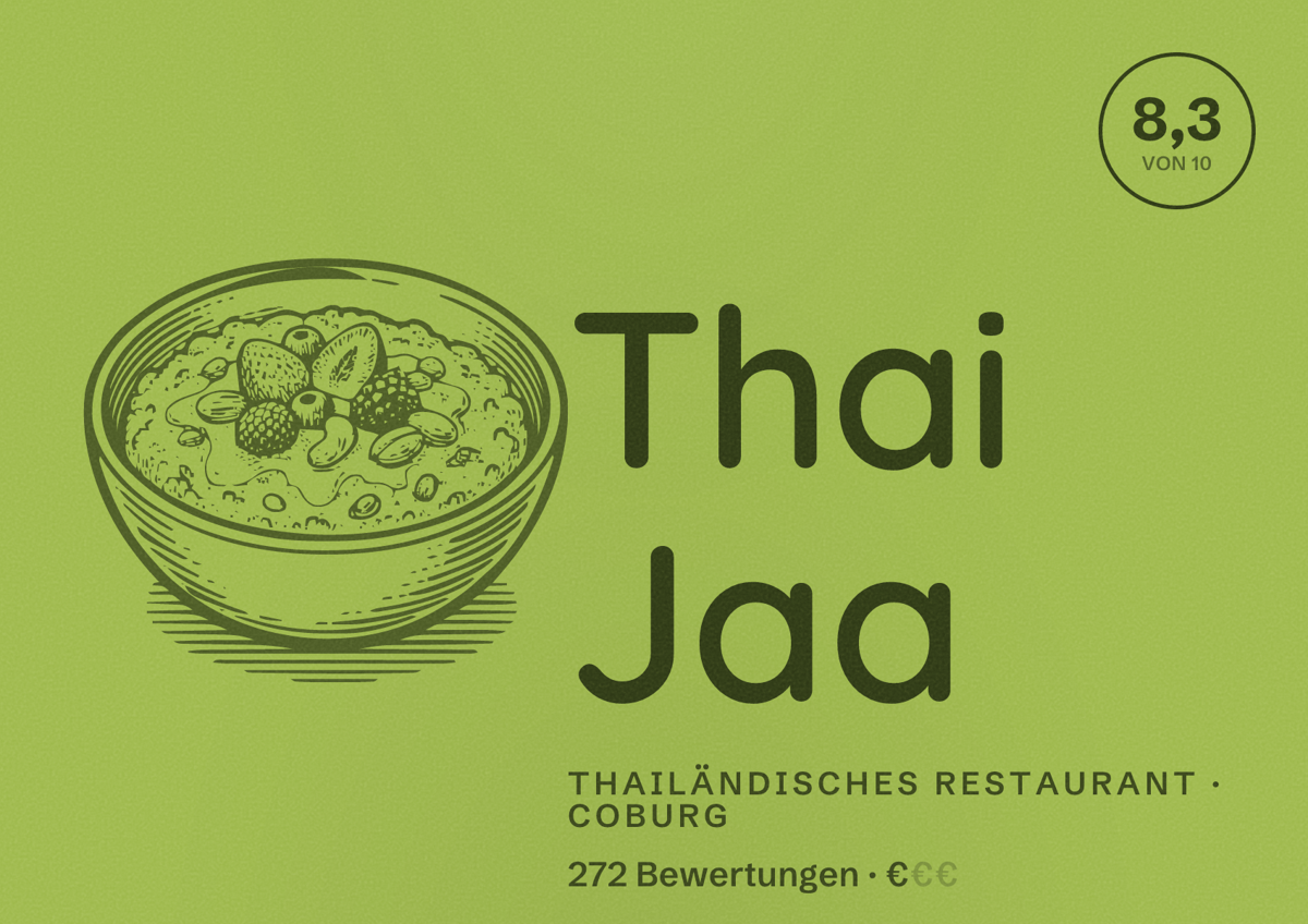 Illustriertes Poster von Thai Jaa, Thailändisches Restaurant in Coburg: Bewertung 8,3 von 10 aus 272 Bewertungen, Preisniveau €