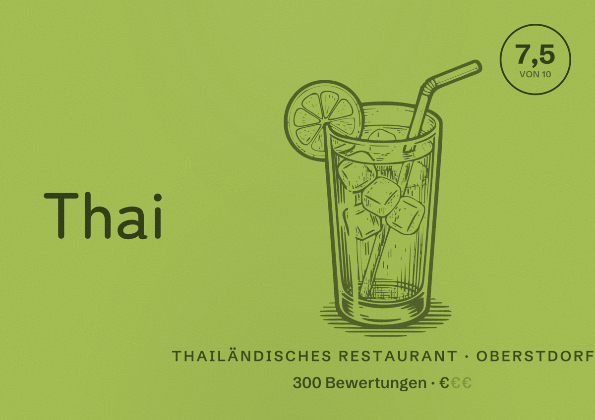 Illustriertes Poster von Thai Kim, Thailändisches Restaurant in Oberstdorf: Bewertung 7,5 von 10 aus 300 Bewertungen, Preisniveau €