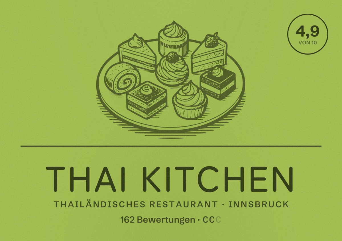 Illustriertes Poster von Thai Kitchen, Thailändisches Restaurant in Innsbruck: Bewertung 4,9 von 10 aus 162 Bewertungen, Preisniveau €€