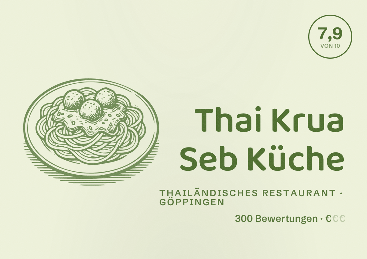 Illustriertes Poster von Thai Krua Seb Küche, Thailändisches Restaurant in Göppingen: Bewertung 7,9 von 10 aus 300 Bewertungen, Preisniveau €