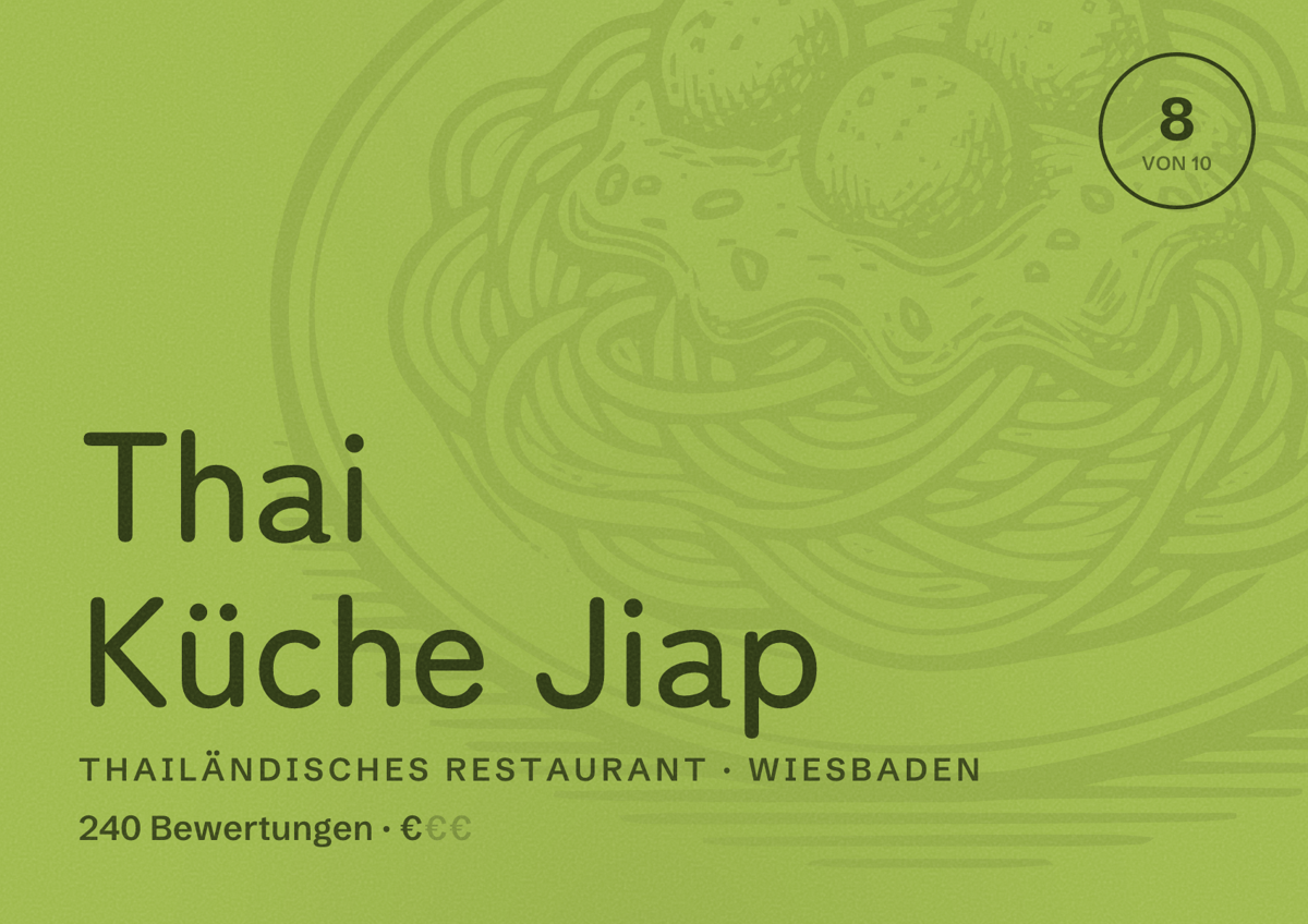Illustriertes Poster von Thai Küche Jiap, Thailändisches Restaurant in Wiesbaden: Bewertung 8,0 von 10 aus 240 Bewertungen, Preisniveau €