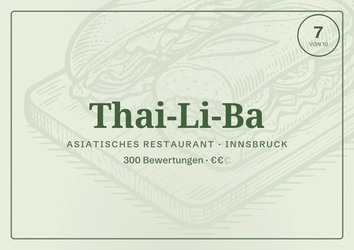 Illustriertes Poster von Thai-Li-Ba, Asiatisches Restaurant in Innsbruck: Bewertung 7 von 10 aus 300 Bewertungen, Preisniveau €€