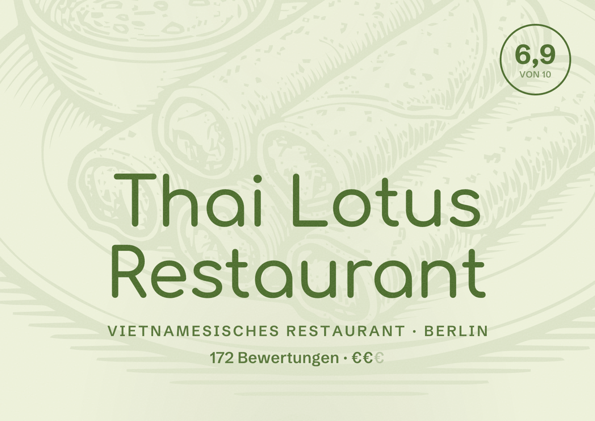 Illustriertes Poster von Thai Lotus Restaurant, Vietnamesisches Restaurant in Berlin: Bewertung 6,9 von 10 aus 172 Bewertungen, Preisniveau €€