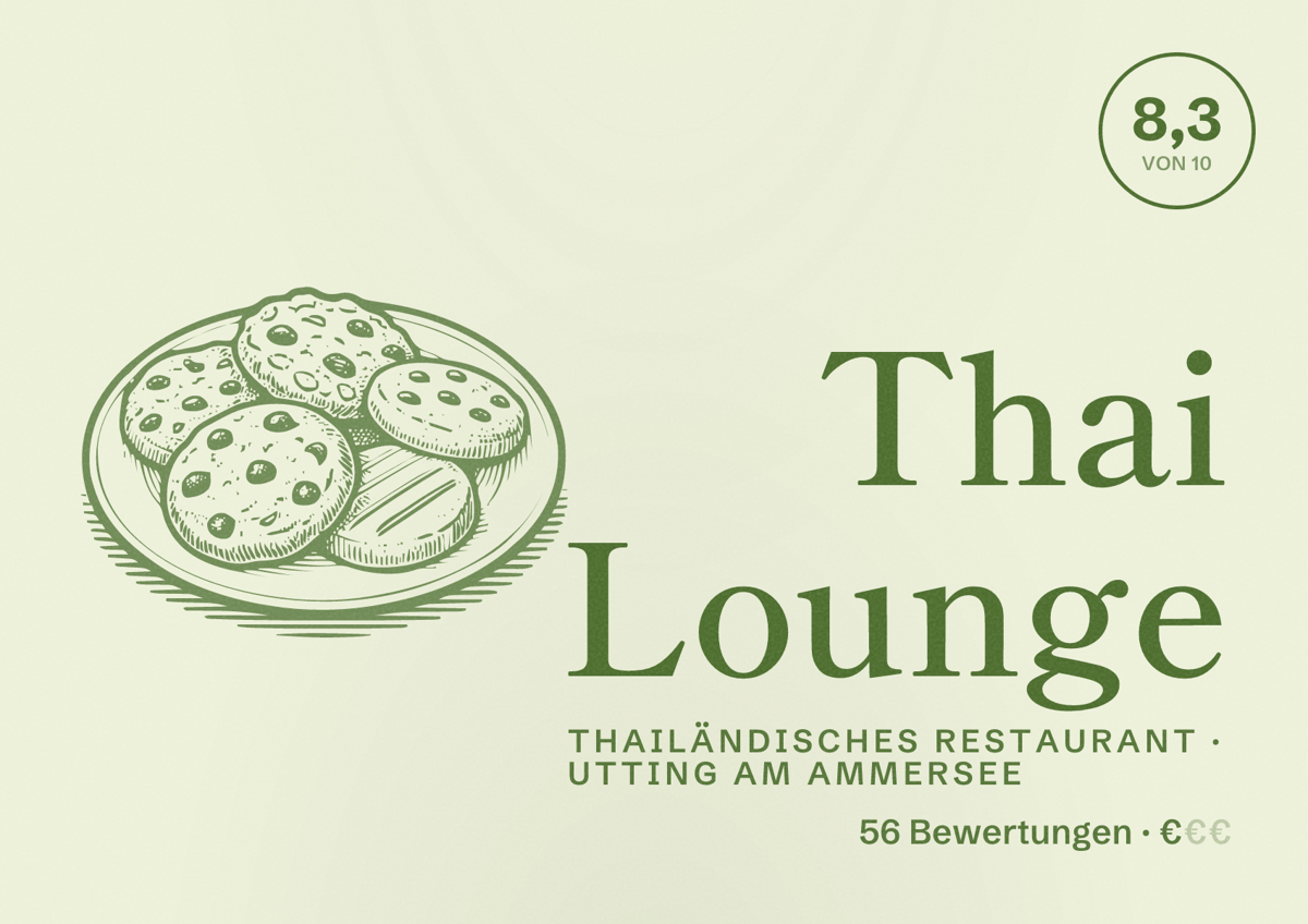 Illustriertes Poster von Thai Lounge, Thailändisches Restaurant in Utting am Ammersee: Bewertung 8,3 von 10 aus 56 Bewertungen, Preisniveau €