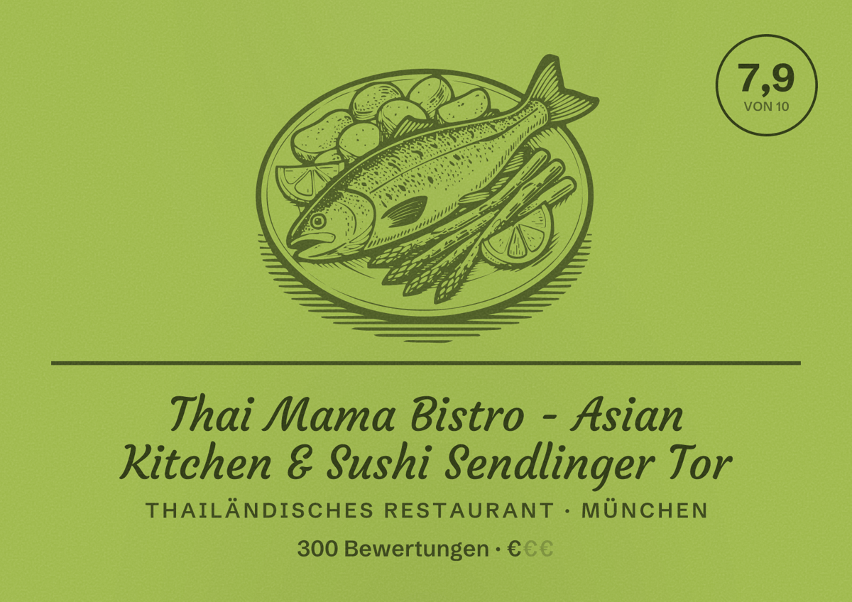 Illustriertes Poster von Thai Mama Bistro - Asian Kitchen & Sushi Sendlinger Tor, Thailändisches Restaurant in München: Bewertung 7,9 von 10 aus 300 Bewertungen, Preisniveau €