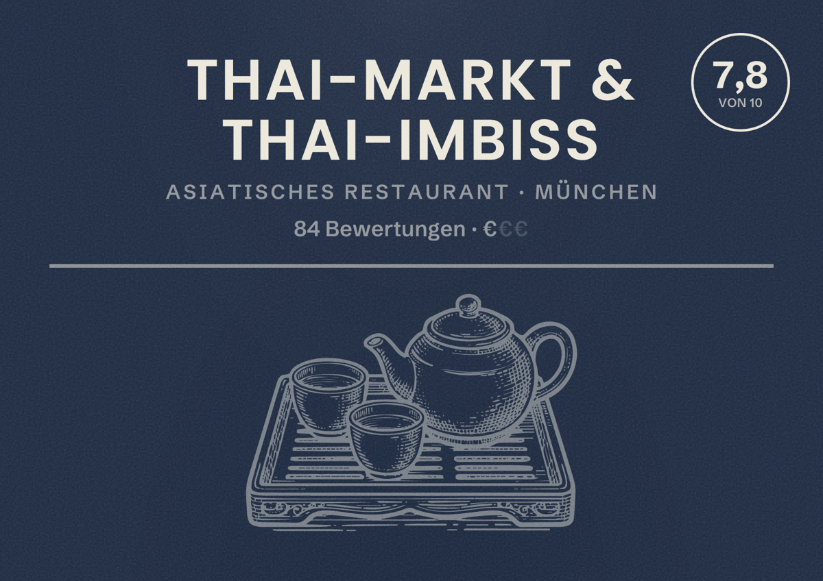 Illustriertes Poster von Thai-Markt & Thai-Imbiss, Asiatisches Restaurant in München: Bewertung 7,8 von 10 aus 84 Bewertungen, Preisniveau €