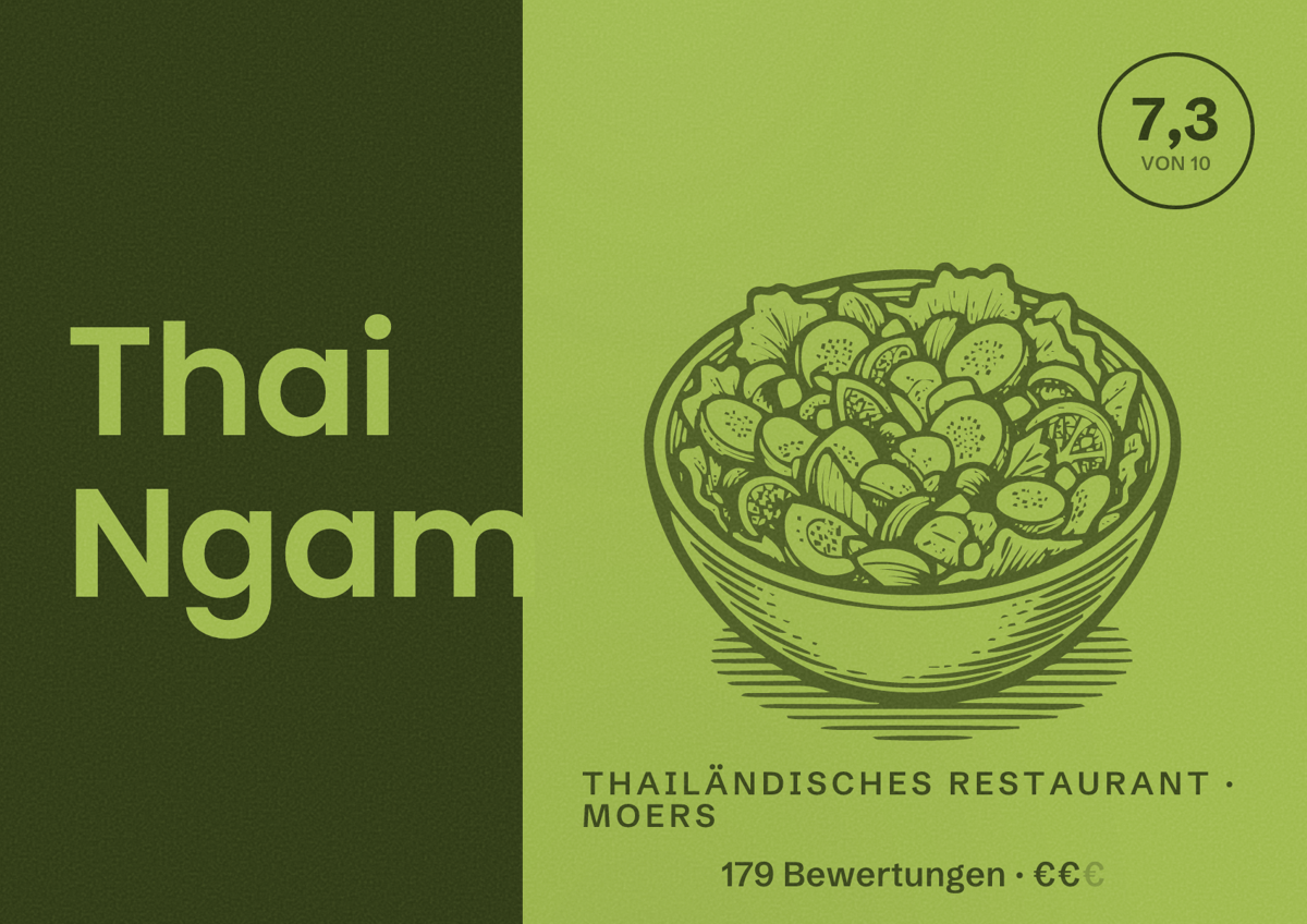 Illustriertes Poster von Thai Ngam, Thailändisches Restaurant in Moers: Bewertung 7,3 von 10 aus 179 Bewertungen, Preisniveau €€