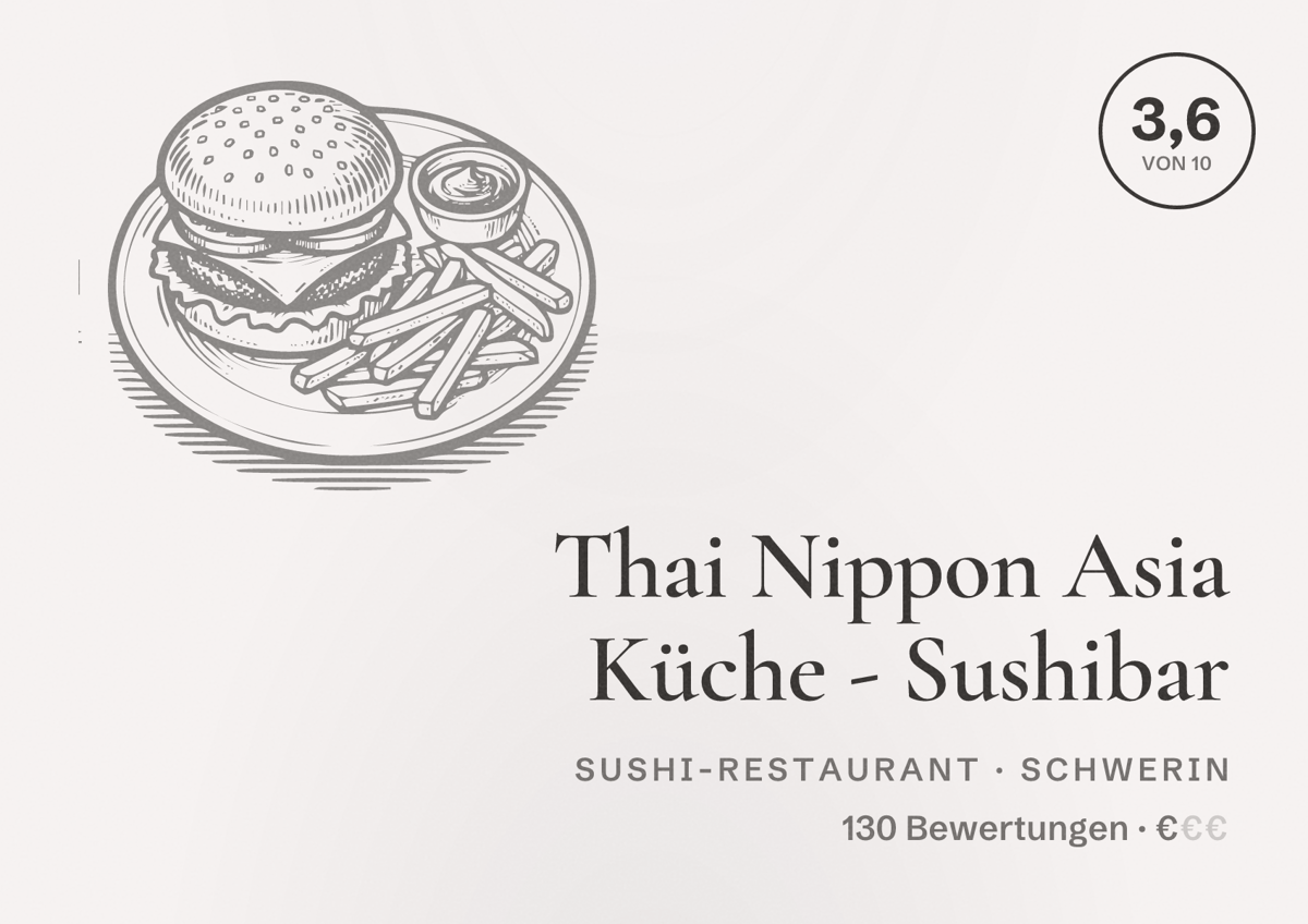Illustriertes Poster von Thai Nippon Asia Küche - Sushibar, Sushi-Restaurant in Schwerin: Bewertung 3,6 von 10 aus 130 Bewertungen, Preisniveau €
