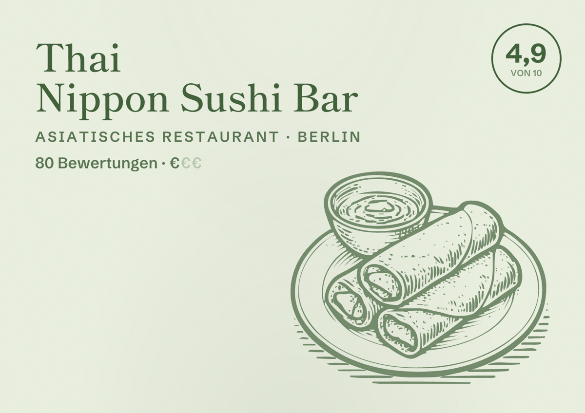 Illustriertes Poster von Thai Nippon Sushi Bar, Asiatisches Restaurant in Berlin: Bewertung 4,9 von 10 aus 80 Bewertungen, Preisniveau €