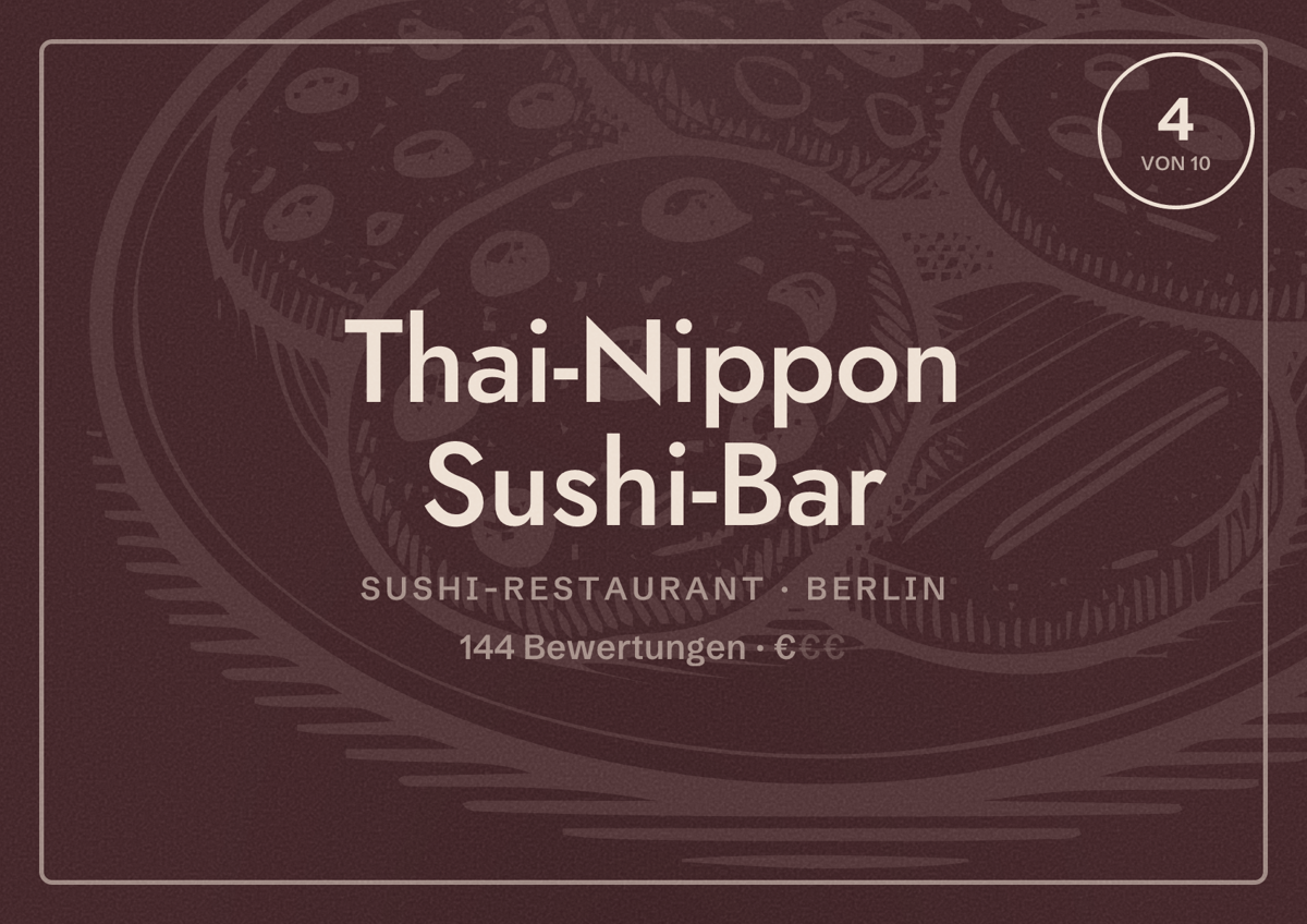 Illustriertes Poster von Thai-Nippon Sushi-Bar, Sushi-Restaurant in Berlin: Bewertung 4,0 von 10 aus 144 Bewertungen, Preisniveau €
