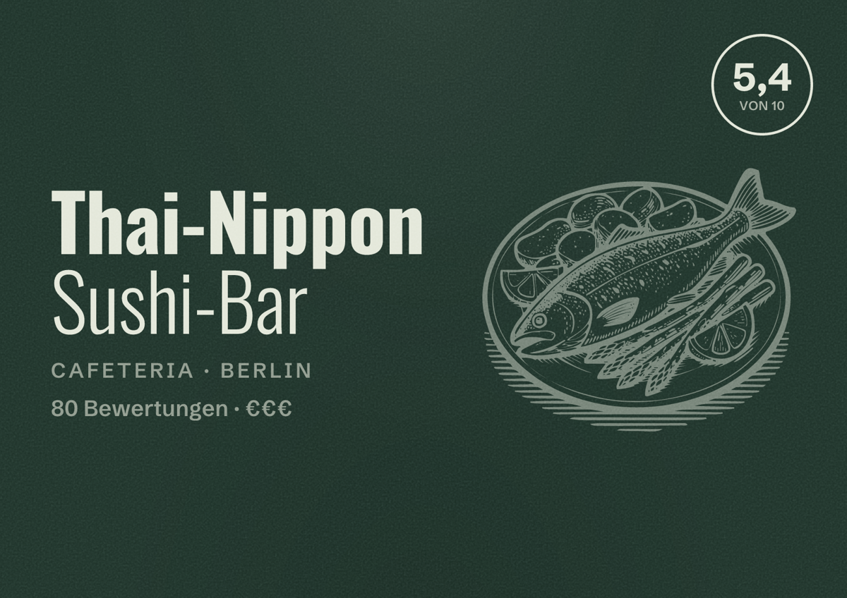 Illustriertes Poster von Thai-Nippon Sushi-Bar, Cafeteria in Berlin: Bewertung 5,4 von 10 aus 80 Bewertungen, Preisniveau €€€
