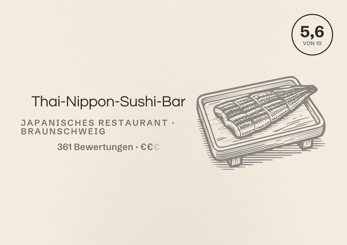 Illustriertes Poster von Thai-Nippon-Sushi-Bar, Japanisches Restaurant in Braunschweig: Bewertung 5,6 von 10 aus 361 Bewertungen, Preisniveau €€