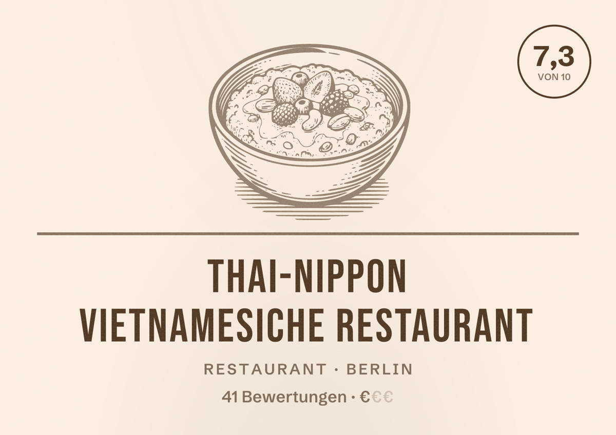 Illustriertes Poster von Thai-Nippon vietnamesiche Restaurant, Restaurant in Berlin: Bewertung 7,3 von 10 aus 41 Bewertungen, Preisniveau €