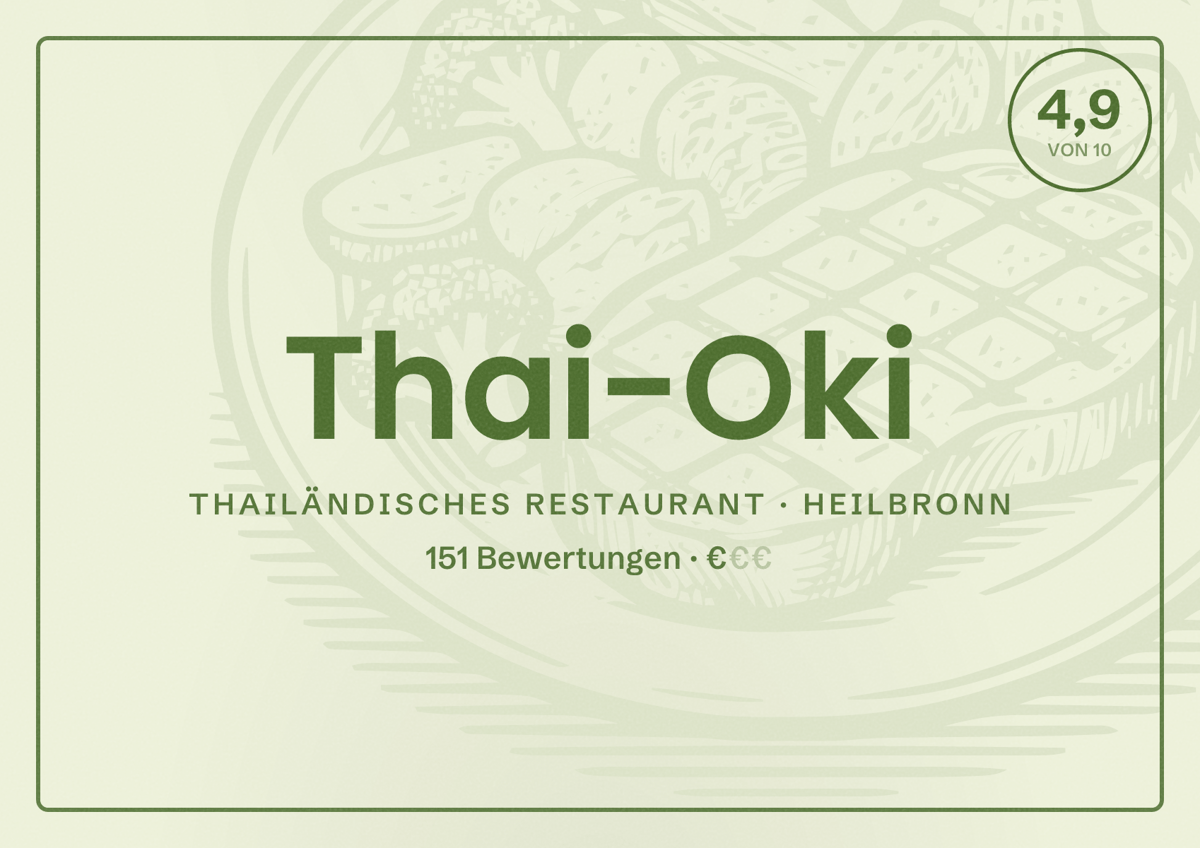 Illustriertes Poster von Thai-Oki, Thailändisches Restaurant in Heilbronn: Bewertung 4,9 von 10 aus 151 Bewertungen, Preisniveau €