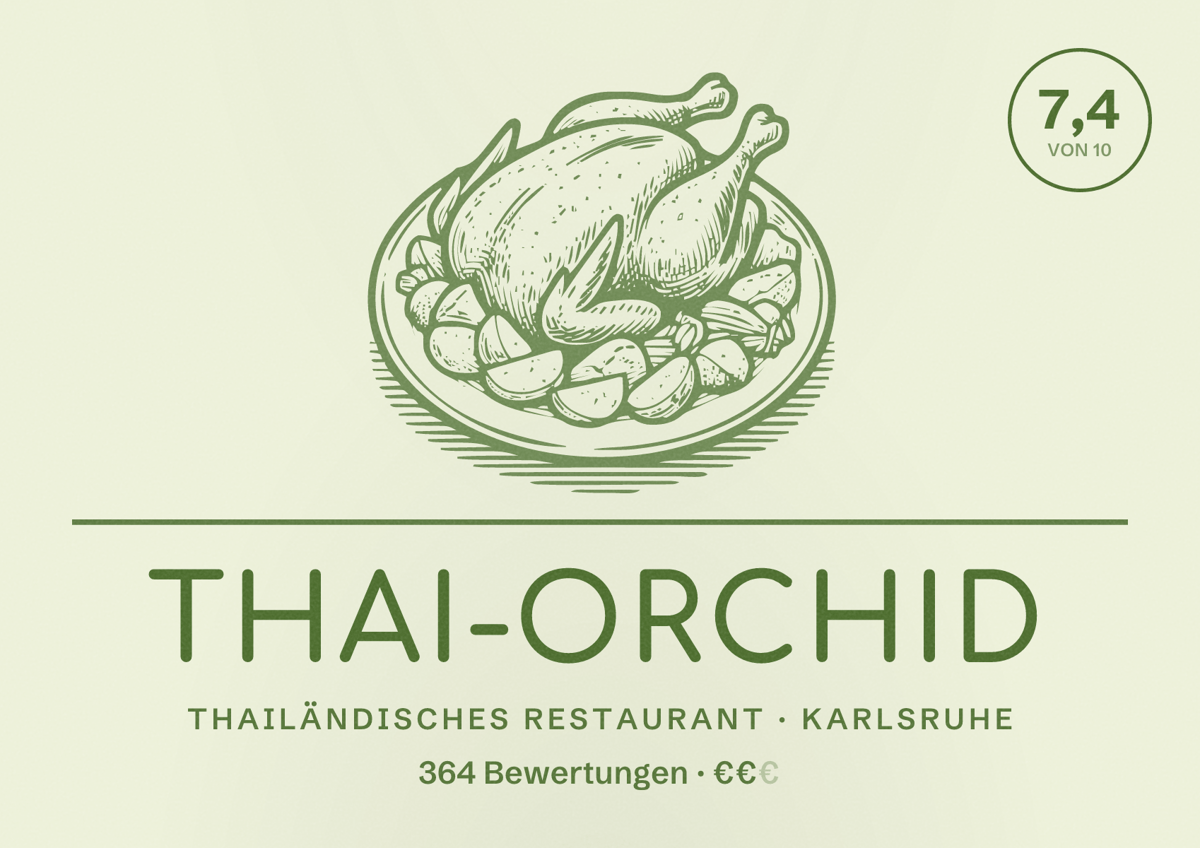 Illustriertes Poster von Thai-Orchid, Thailändisches Restaurant in Karlsruhe: Bewertung 7,4 von 10 aus 364 Bewertungen, Preisniveau €€
