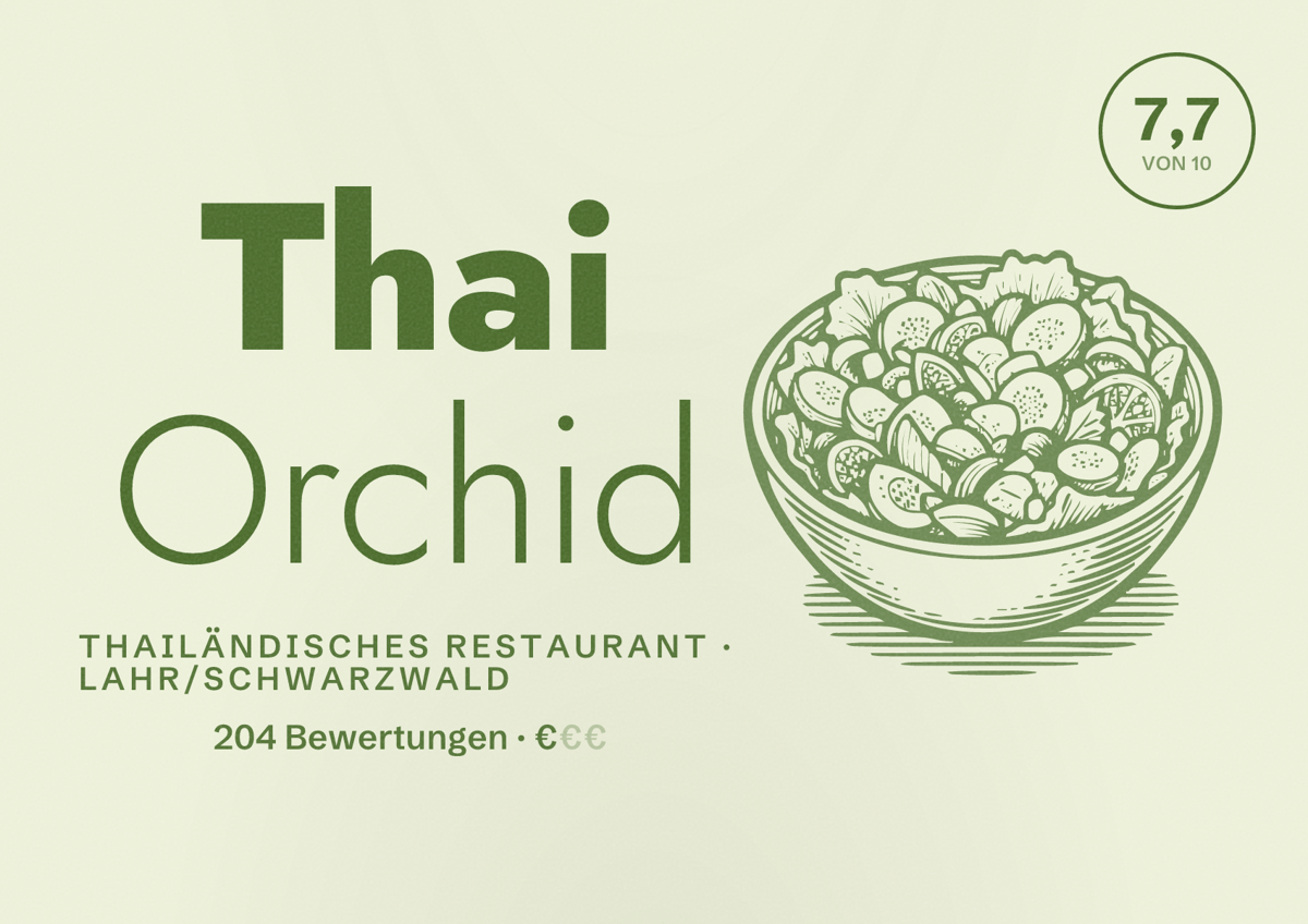 Illustriertes Poster von Thai Orchid, Thailändisches Restaurant in Lahr/Schwarzwald: Bewertung 7,7 von 10 aus 204 Bewertungen, Preisniveau €