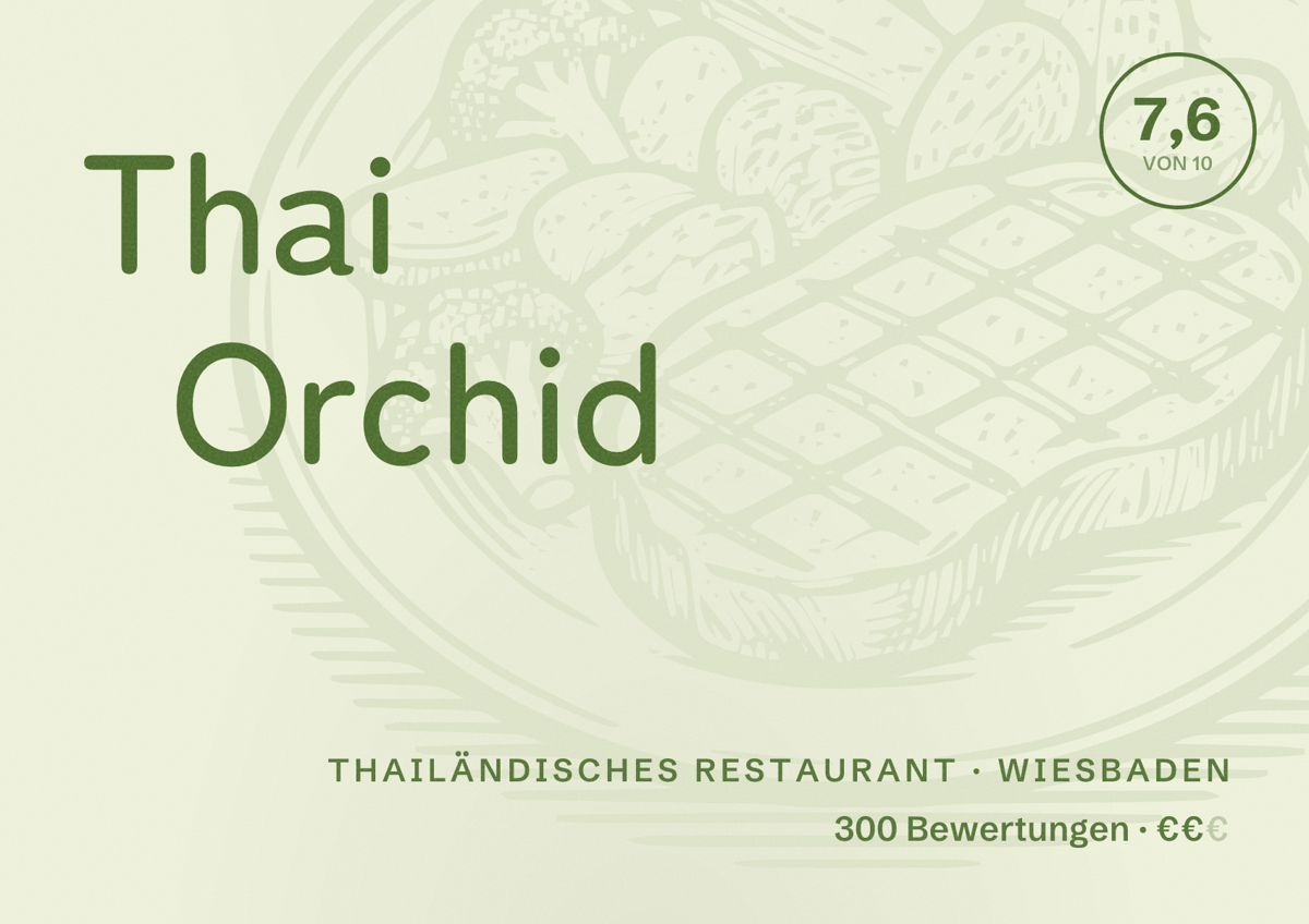 Illustriertes Poster von Thai Orchid, Thailändisches Restaurant in Wiesbaden: Bewertung 7,6 von 10 aus 300 Bewertungen, Preisniveau €€