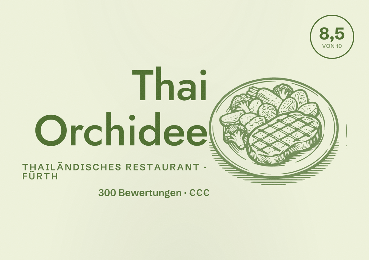 Illustriertes Poster von Thai Orchidee, Thailändisches Restaurant in Fürth: Bewertung 8,5 von 10 aus 300 Bewertungen, Preisniveau €€€